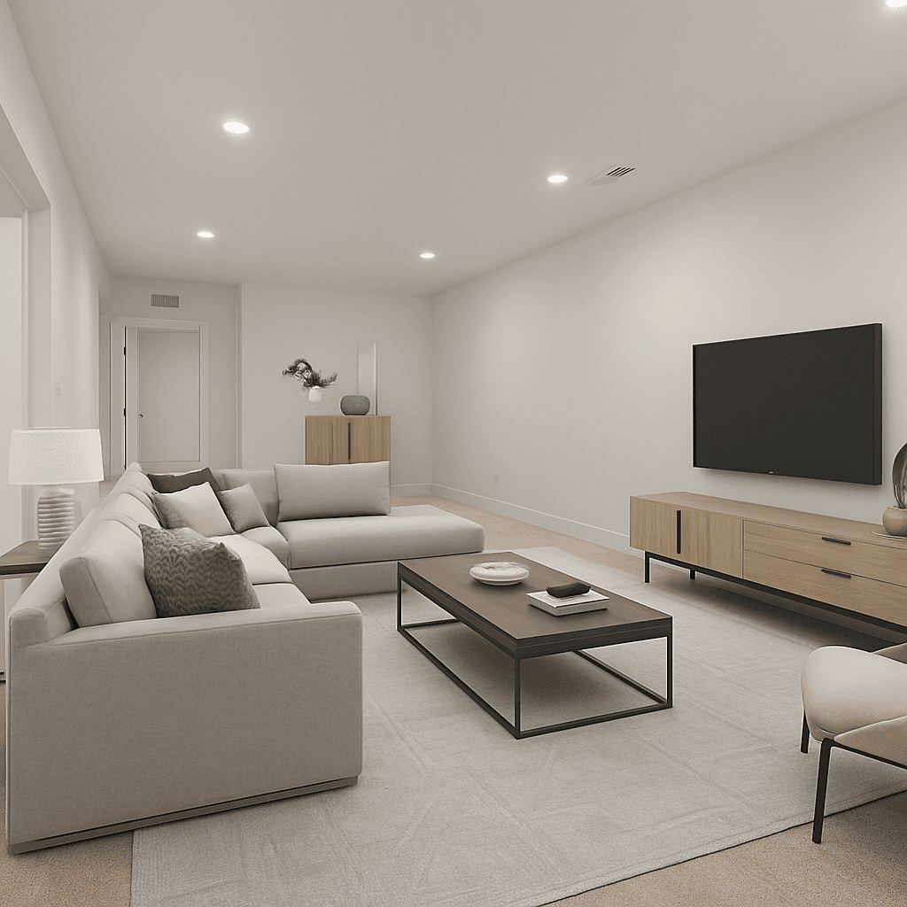 Basement virtually staged in Modern style with StageHQ AI virtual staging