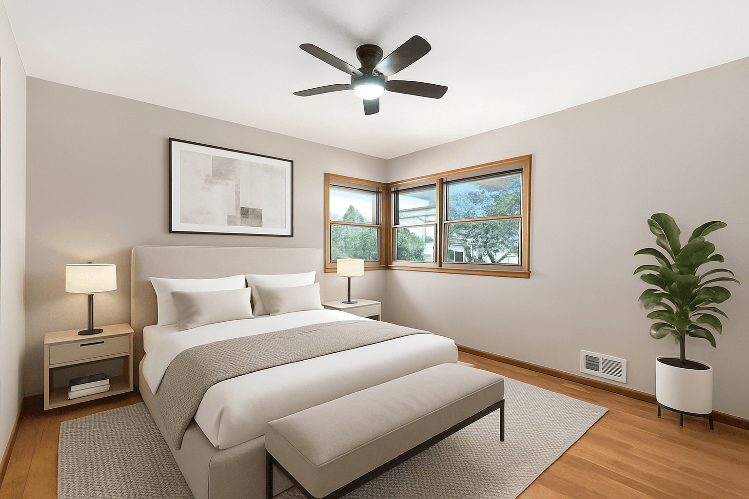 Bedroom virtually staged in Modern style with StageHQ AI virtual staging