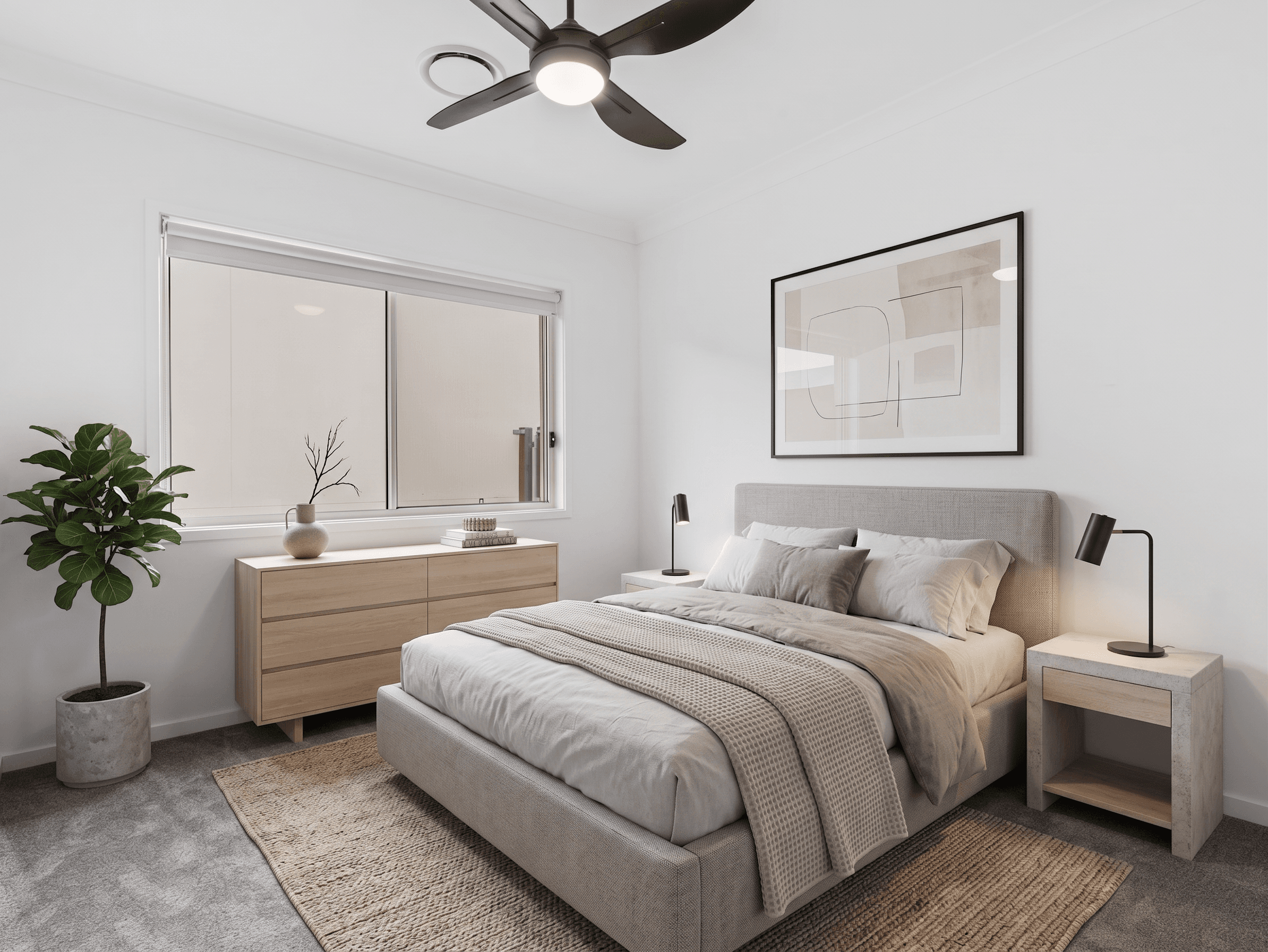 Bedroom virtually staged in Modern style with StageHQ AI virtual staging