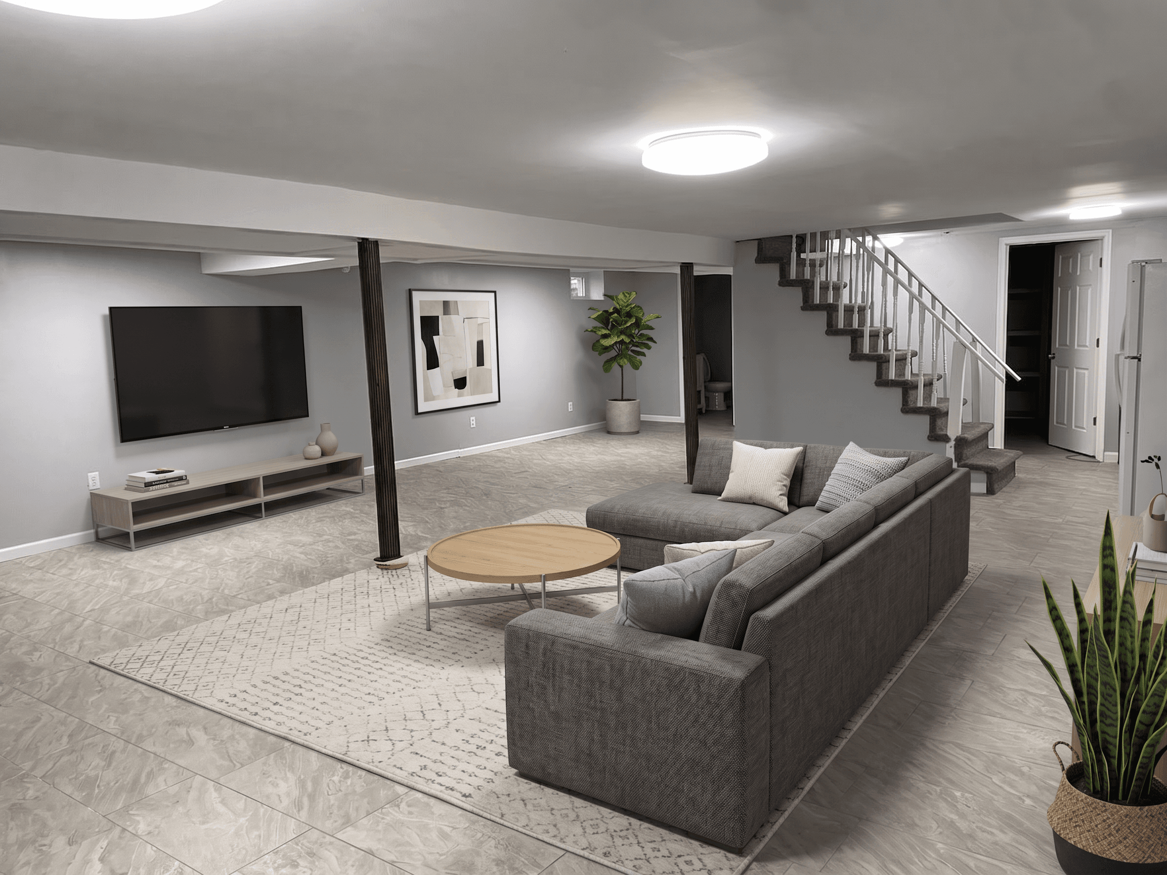 Basement virtually staged in Modern style with StageHQ AI virtual staging