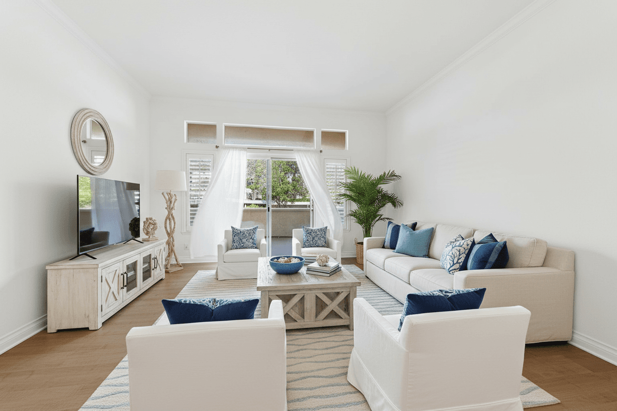 Living Room virtually staged in Coastal style with StageHQ AI virtual staging