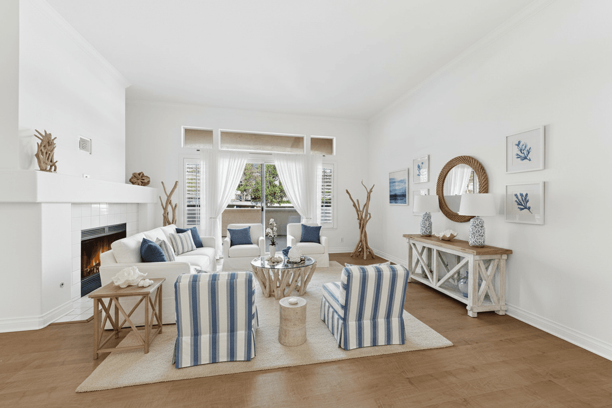 Living Room virtually staged in Coastal style with StageHQ AI virtual staging