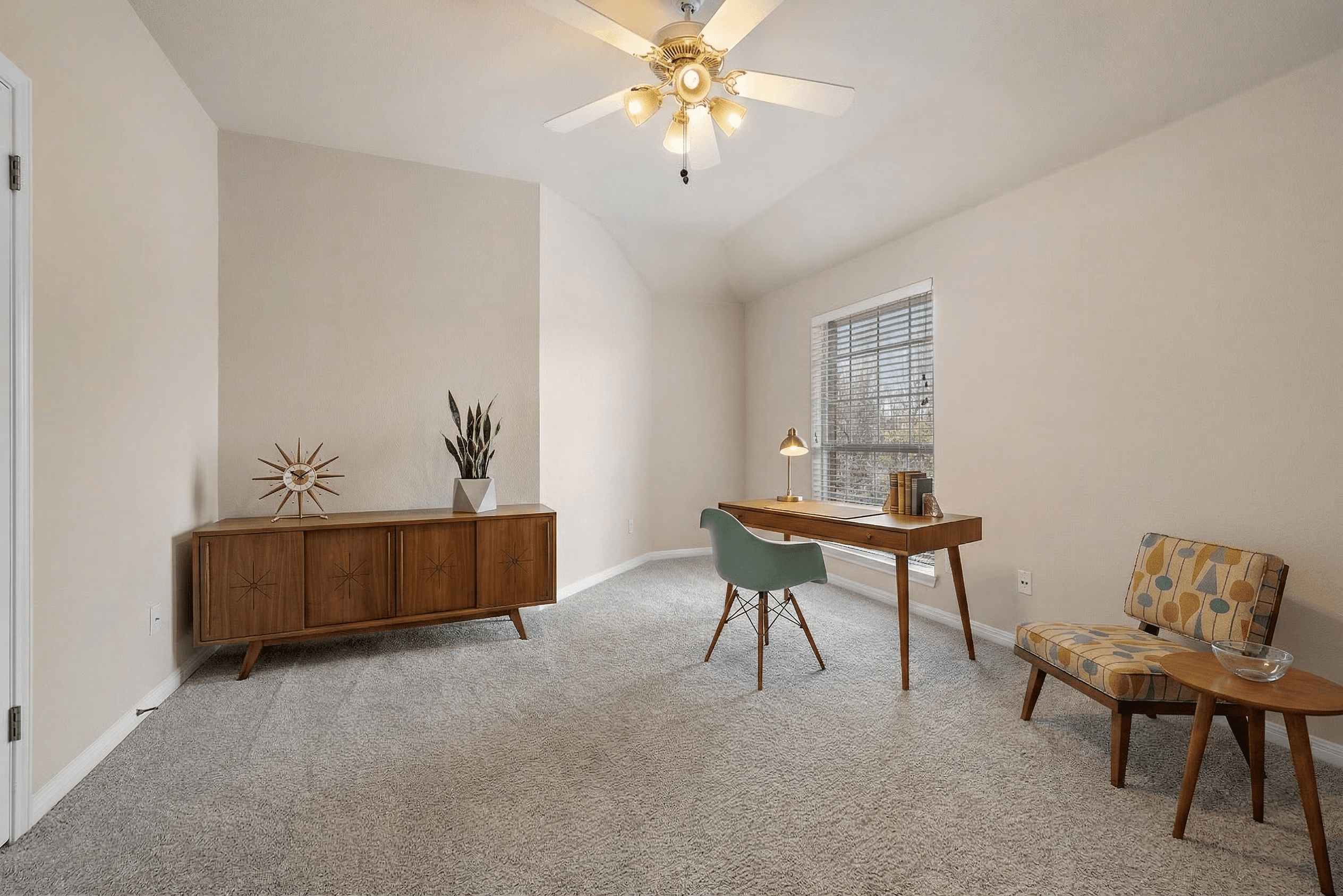 Office virtually staged in Mid-Century Modern style with StageHQ AI virtual staging