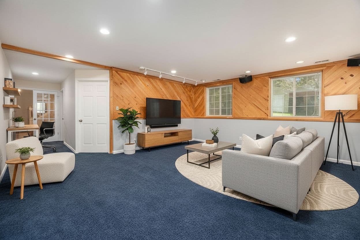 Basement virtually staged in Modern style with StageHQ AI virtual staging