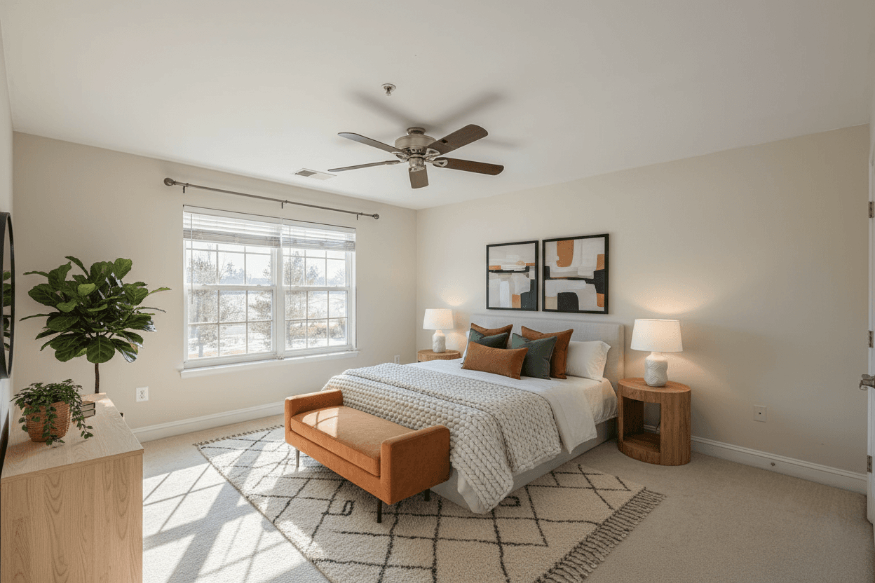 Bedroom virtually staged in Modern style with StageHQ AI virtual staging