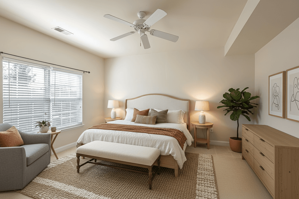 Bedroom virtually staged in Modern style with StageHQ AI virtual staging