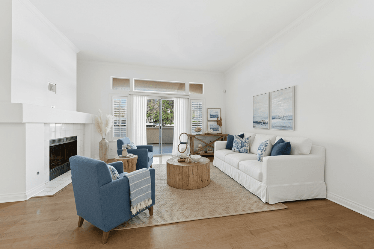 Living Room virtually staged in Coastal style with StageHQ AI virtual staging