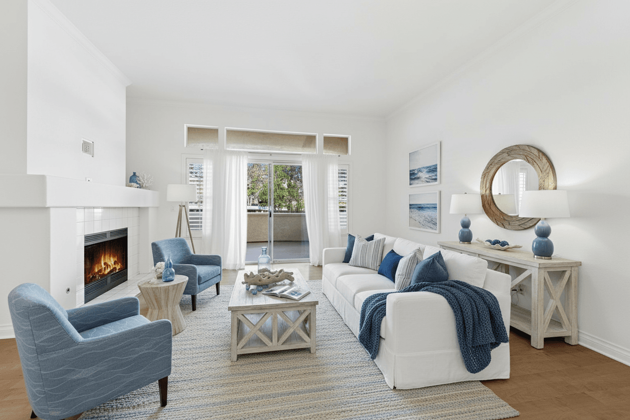 Living Room virtually staged in Coastal style with StageHQ AI virtual staging