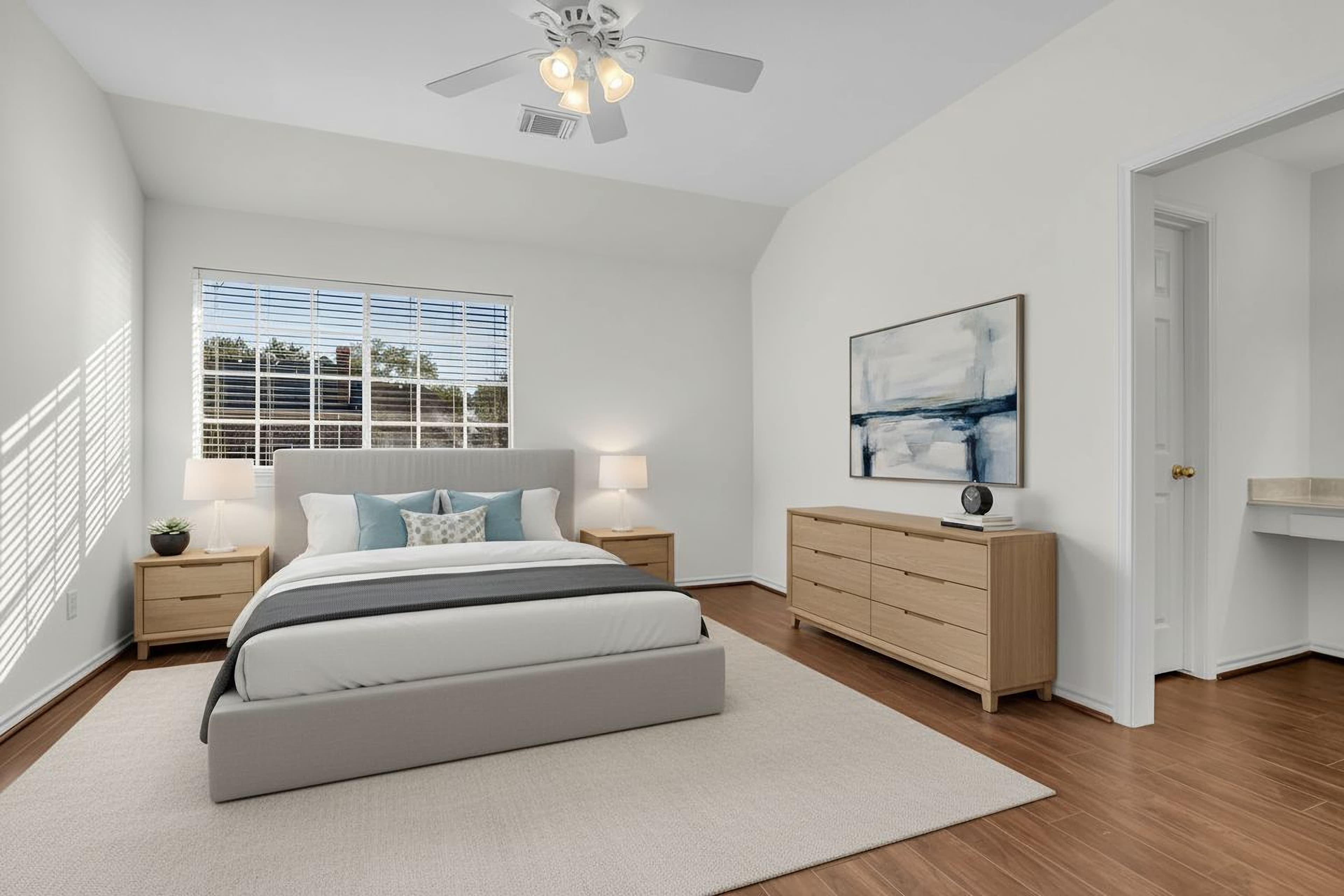 Bedroom virtually staged in Modern style with StageHQ AI virtual staging